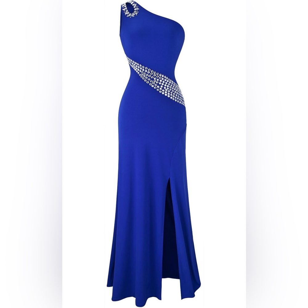 Women's Hollow Out Rhinestones One Shoulder Slit Dress, Angel-fashions, Size S